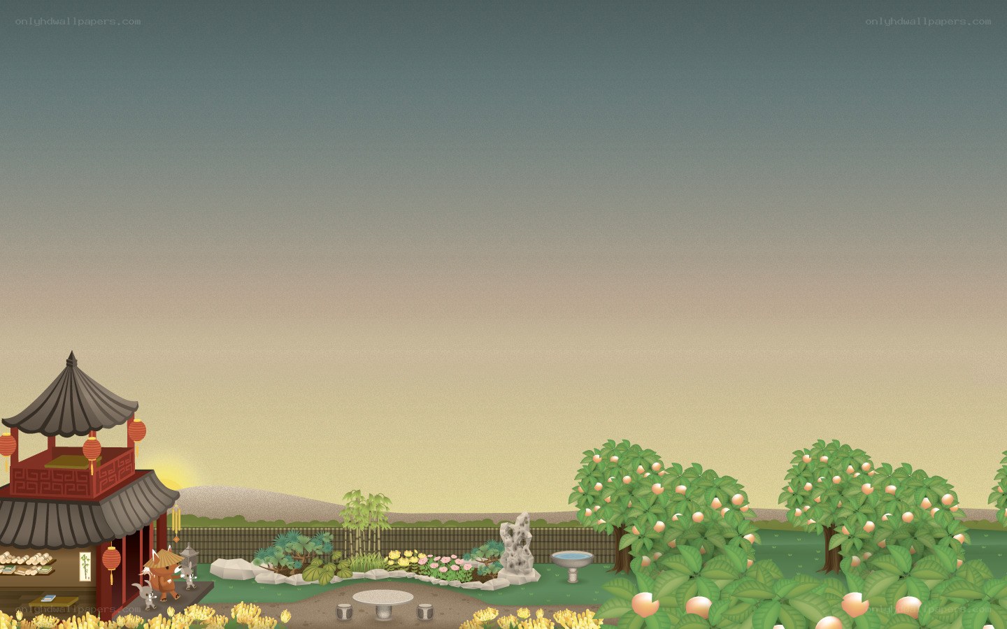 Traditional garden at sunset