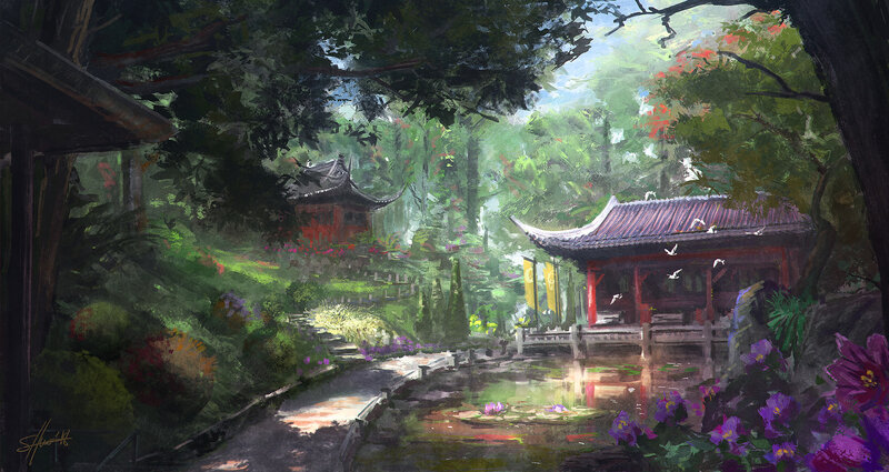 Traditional Garden Pavilion — Green, Serene, Afternoon, Digital Art, Pond