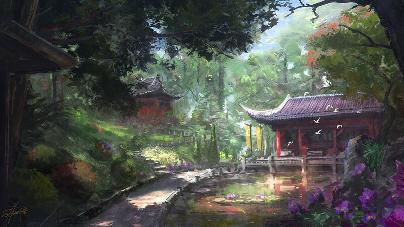 Traditional Garden Pavilion — Green, Serene, Afternoon, Digital Art