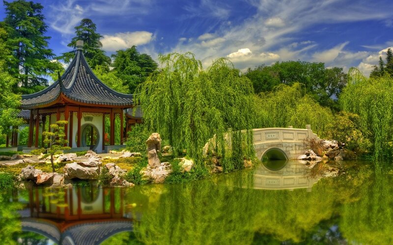 Traditional Garden Pavilion — Green, Serene, Afternoon, Photograph, Bridge