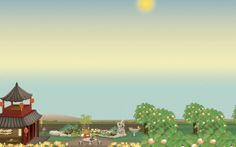 Traditional garden with fox and pagoda