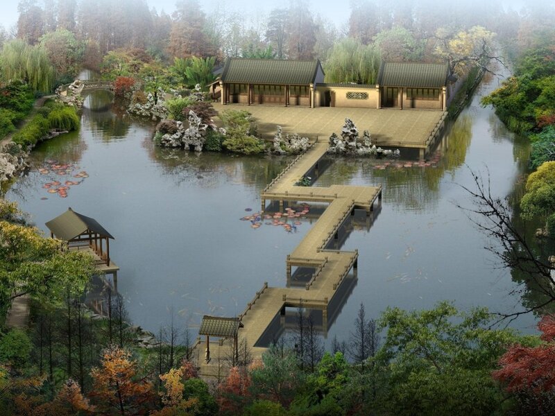 Traditional Garden with Pond — Green, Serene