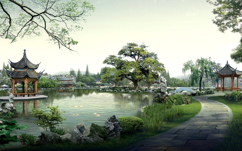 Traditional Garden with Pond — Green