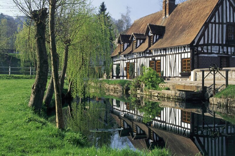 Traditional half-timbered houses by a river