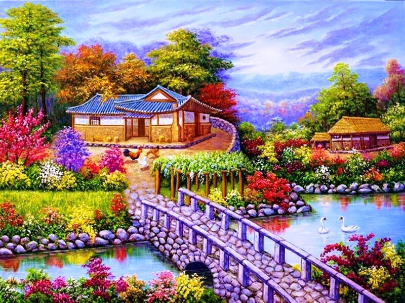 Traditional House in Garden — Blue, Serene