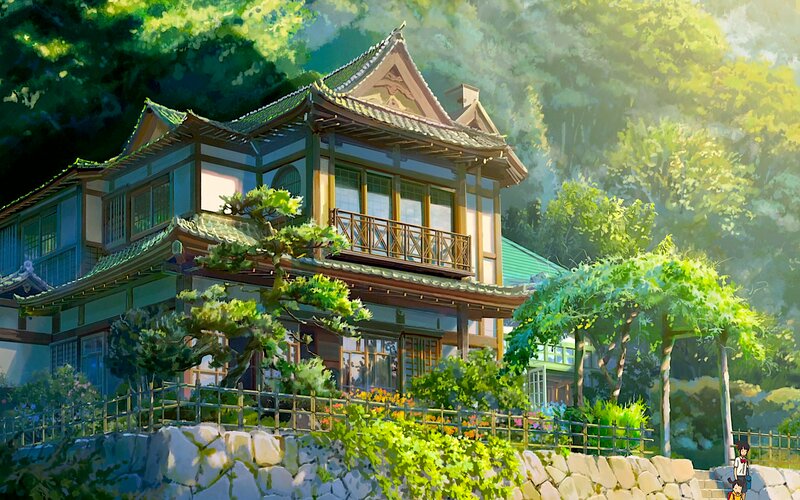 Traditional House in Garden — Green, Serene, Afternoon, Anime