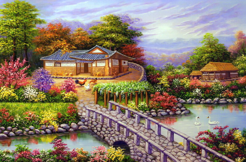 Traditional House in Garden — Green, Serene, Spring, Painting