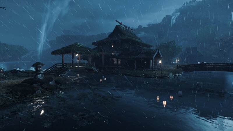 Traditional House in Rain — Blue