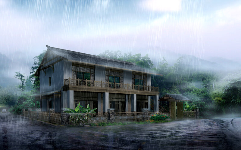 Traditional House in Rain — Gray