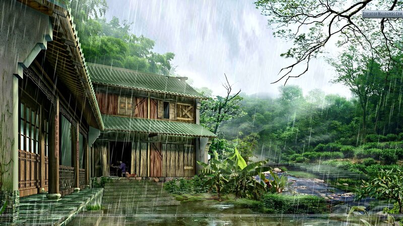 Traditional House in Rain — Green