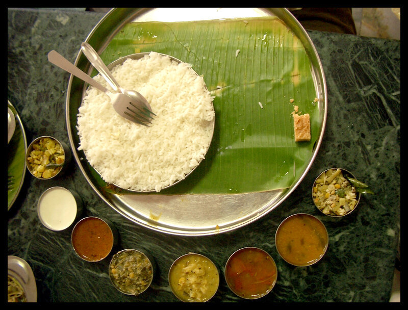 Traditional Indian meal on banana leaf
