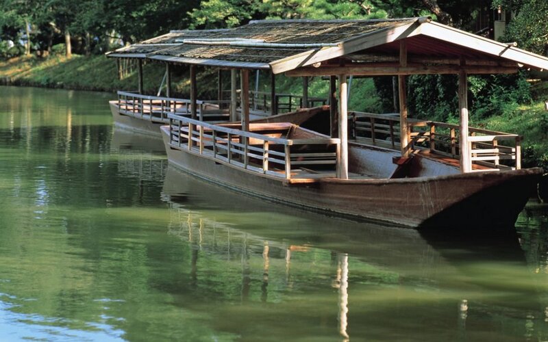 Traditional Japanese boats on a river