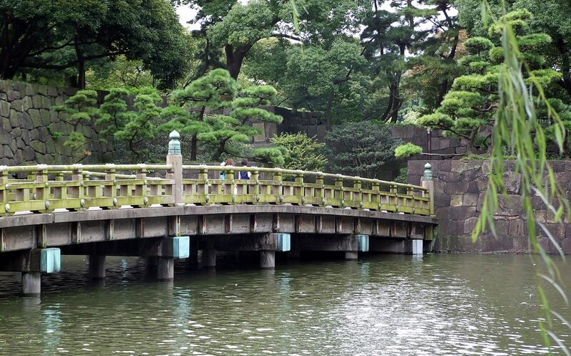 Traditional Japanese bridge over moat