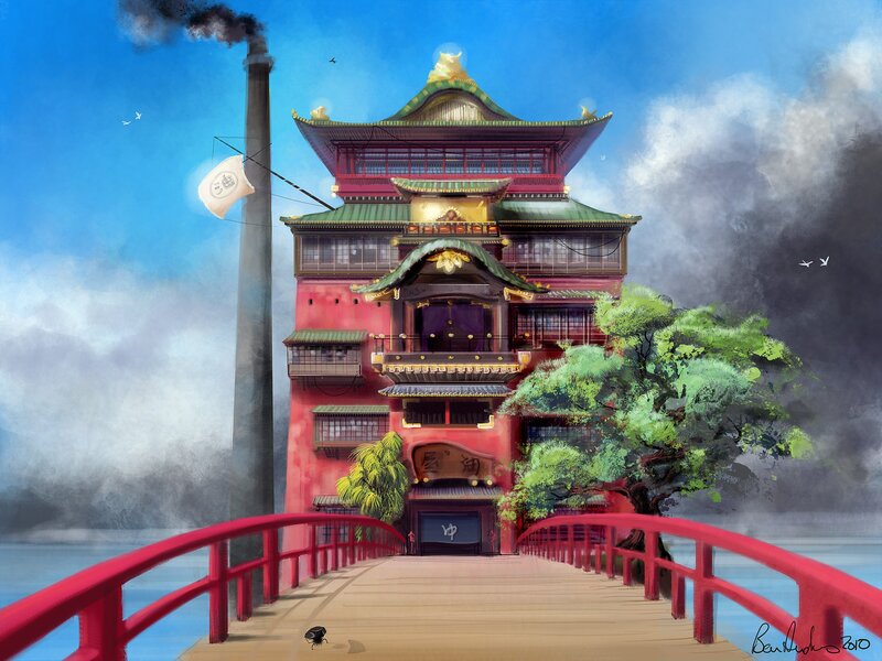 Traditional Japanese building with smokestack