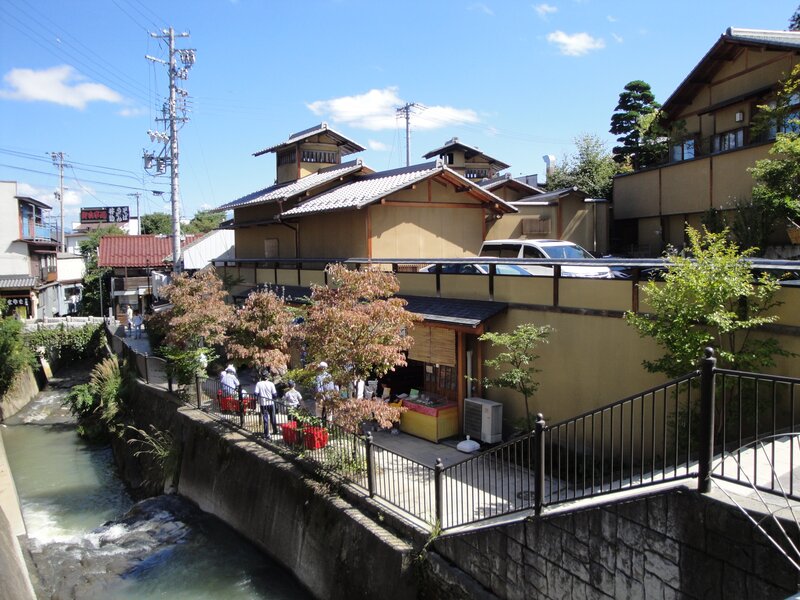 Traditional Japanese buildings by a river