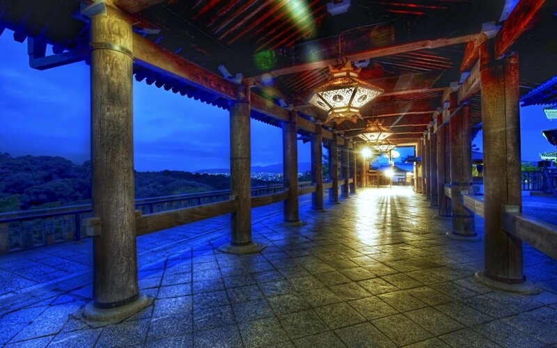 Traditional Japanese corridor at night