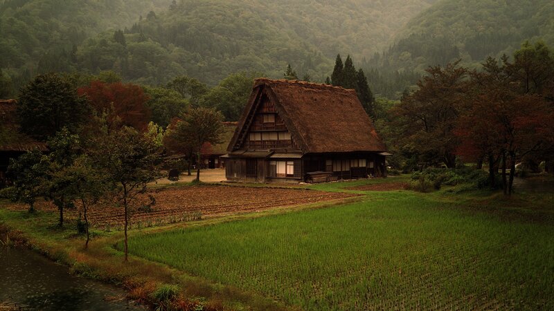 Traditional Japanese farmhouse in rural landscape