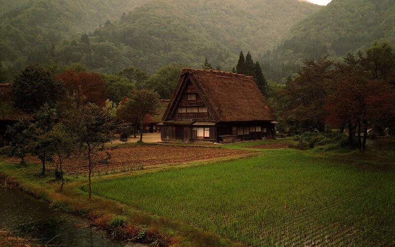 Traditional Japanese farmhouse in rural landscape