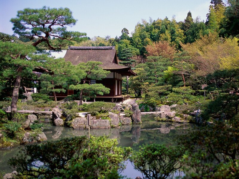 Traditional Japanese garden with temple