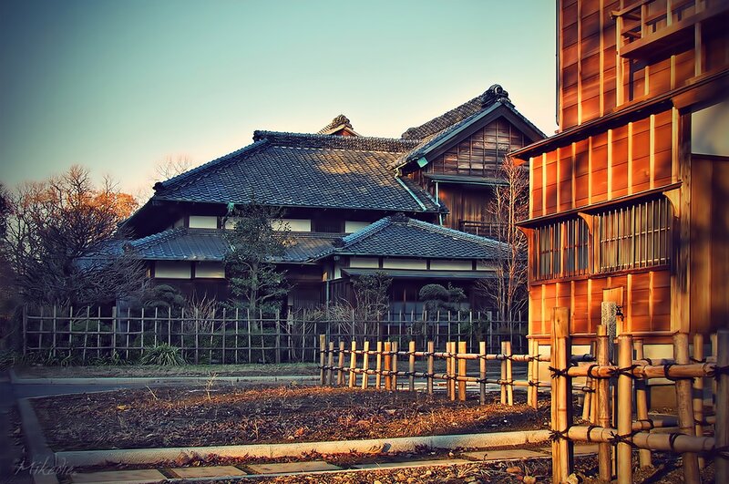 traditional japanese house at sunset