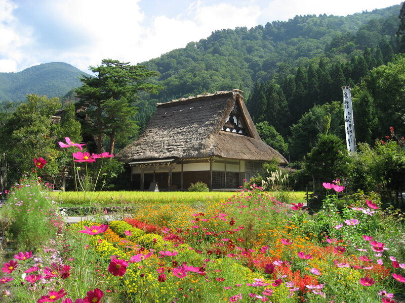 Traditional Japanese house with flowers