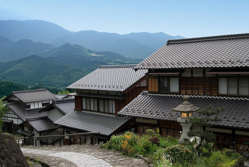 Traditional Japanese houses with mountain view