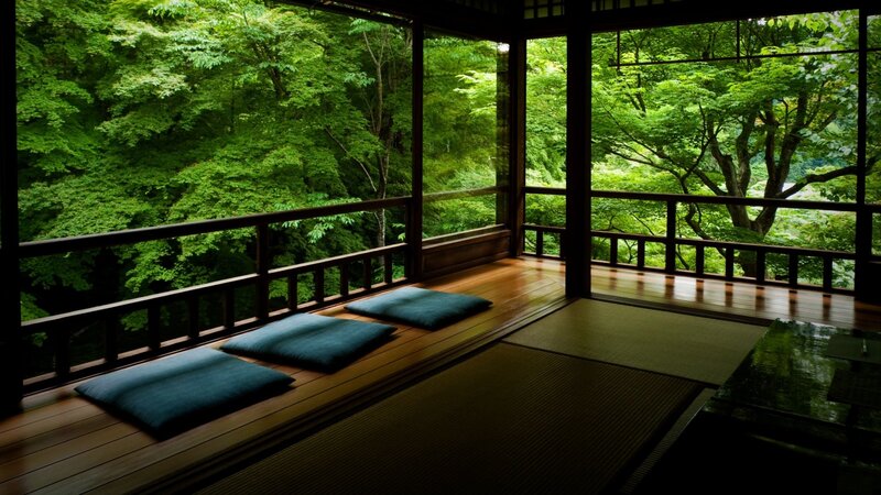 Traditional Japanese room with forest view