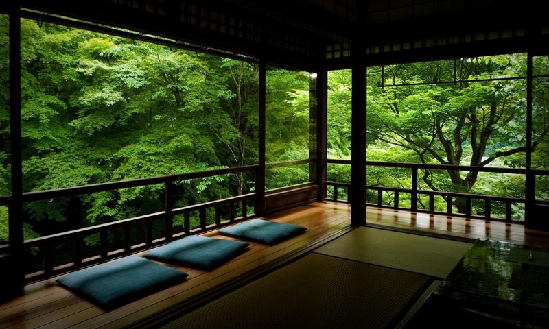 Traditional Japanese room with forest view