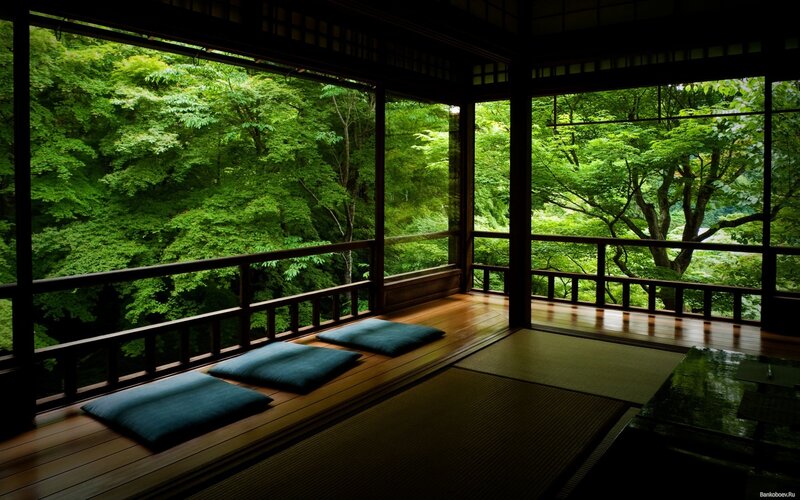 Traditional Japanese room with forest view