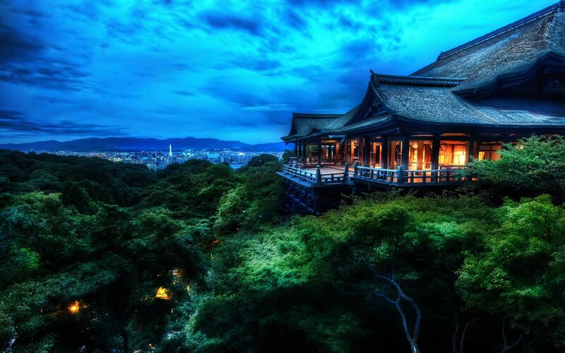 Traditional Japanese Temple — Blue, Dramatic, Night, Photograph, Forest