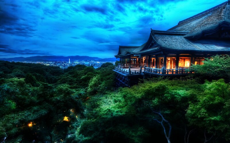 Traditional Japanese Temple — Blue, Dramatic, Night, Photograph