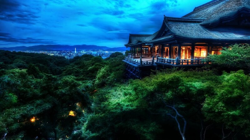 Traditional Japanese Temple — Blue, Serene, Night, Photograph