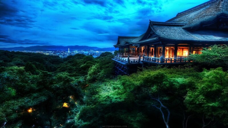 Traditional Japanese Temple — Blue, Serene, Night, Photograph, Trees