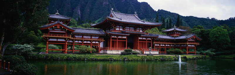 traditional japanese temple by lake