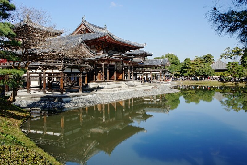 traditional japanese temple by pond