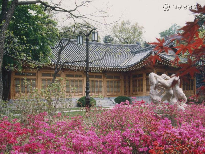 traditional korean building with flowers