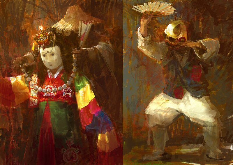 Traditional Korean mask dancers