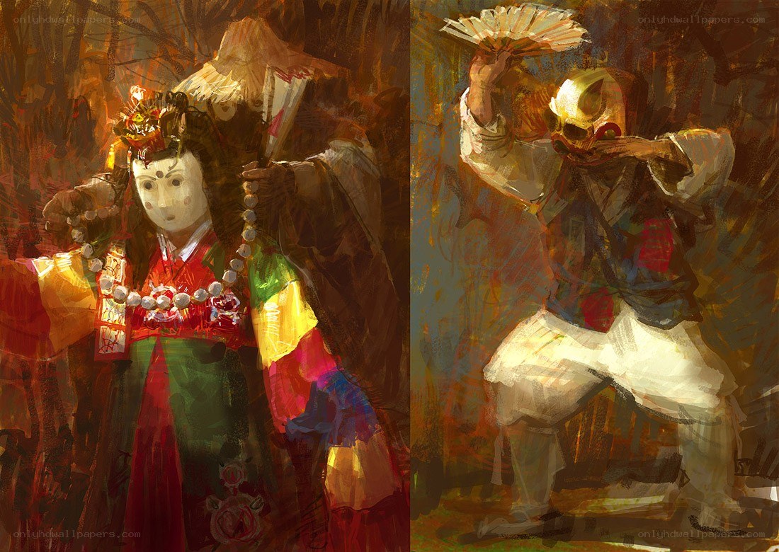 Traditional Korean mask dancers