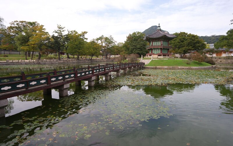 Traditional Korean pavilion and bridge