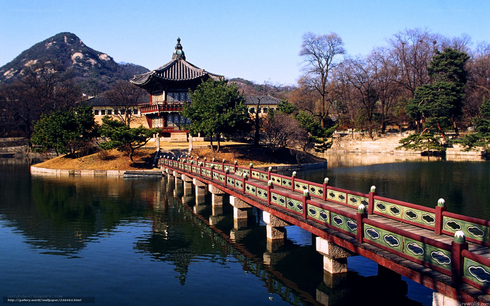 Traditional Korean pavilion and bridge