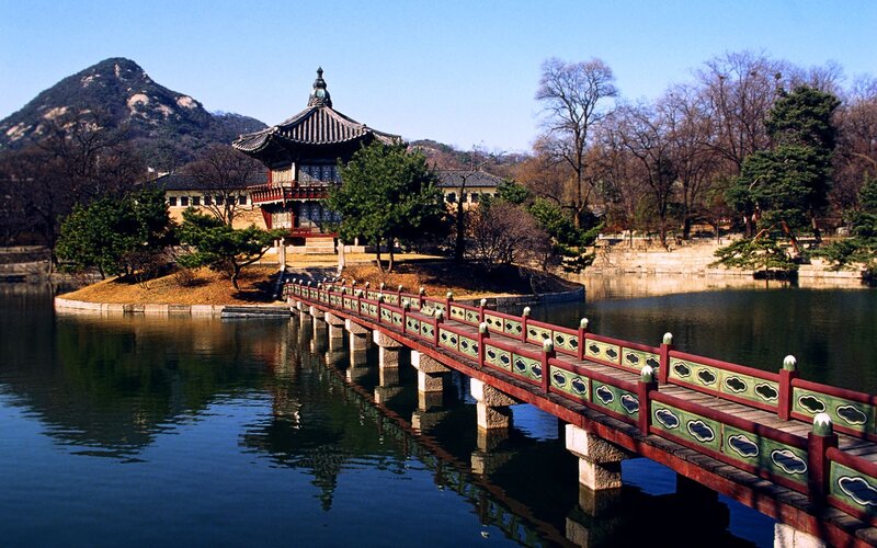 Traditional Korean pavilion by a lake