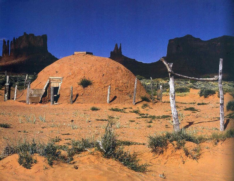 Traditional Navajo hogan in desert