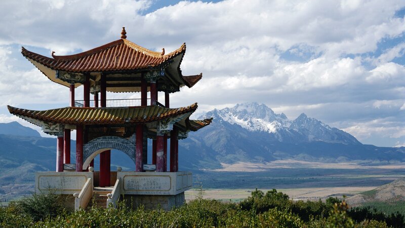 Traditional Pagoda with Mountains — Blue, Serene