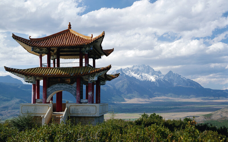 Traditional Pagoda with Mountains — Blue