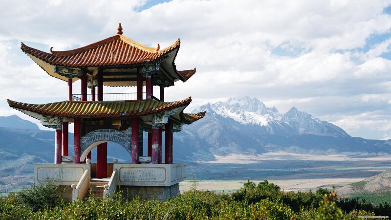 Traditional Pagoda with Mountains — Red