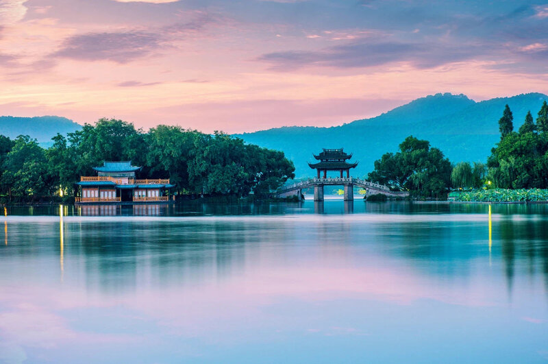 Traditional Pavilion and Bridge — Blue