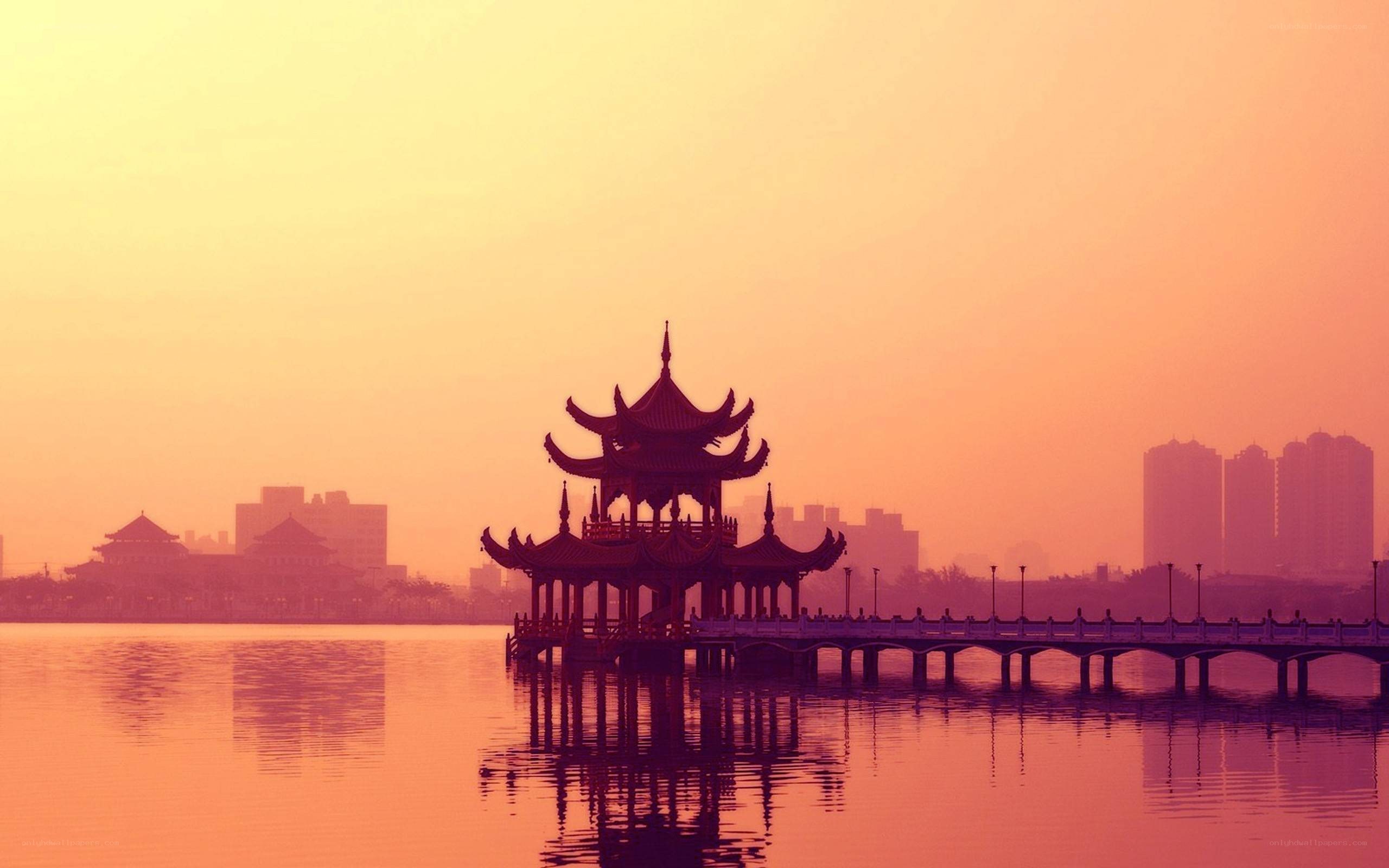 traditional pavilion at sunset
