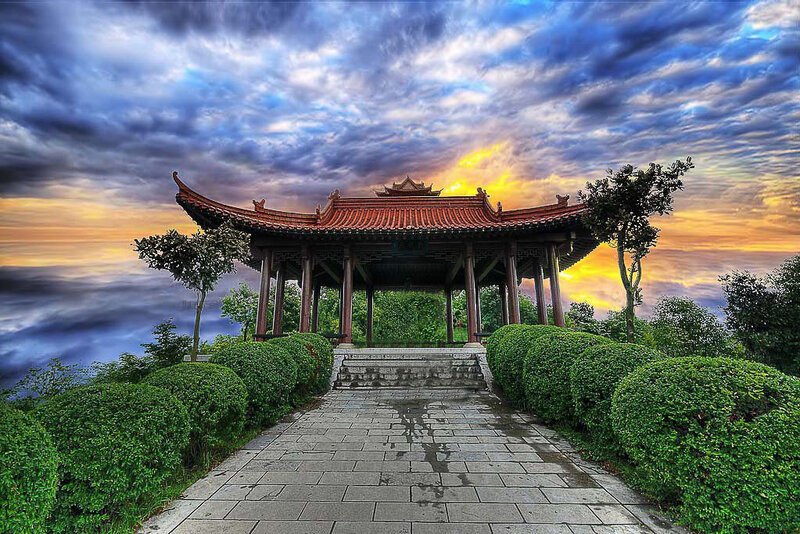 Traditional Pavilion at Sunset — Blue