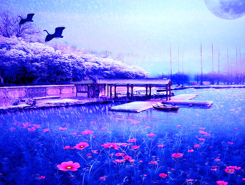 Traditional Pavilion by Lake — Blue, Serene