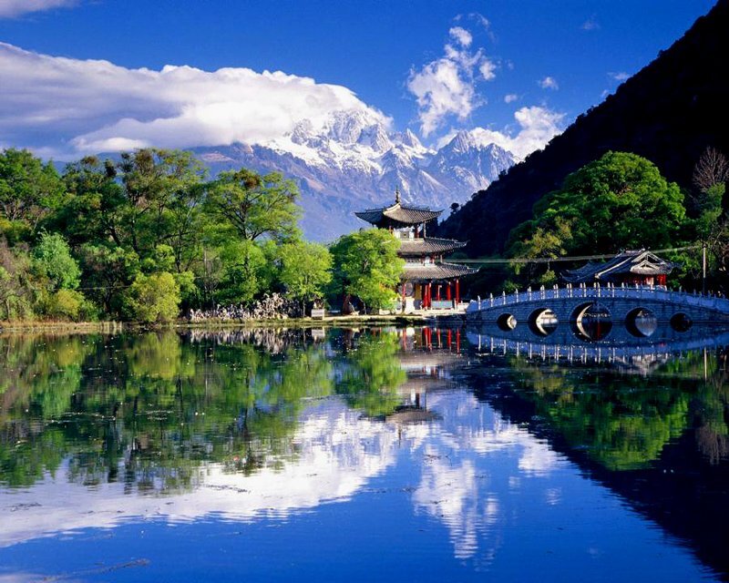 Traditional Pavilion by Lake — Blue